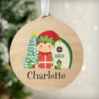 (image for) Personalised Elf Round Wooden Bauble Decoration