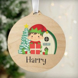 (image for) Personalised Elf Round Wooden Bauble Decoration