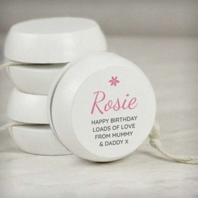 (image for) Personalised Pink Flower White Wooden Yoyo