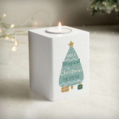 (image for) Personalised Christmas Tree White Wooden Tea light Holder