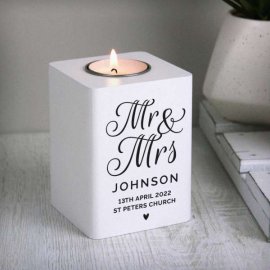 (image for) Personalised Mr & Mrs White Wooden Tea light Holder