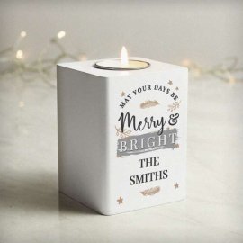 (image for) Personalised Merry & Bright White Wooden Tea light Holder