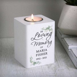 (image for) Personalised In Loving Memory White Wooden Tea light Holder