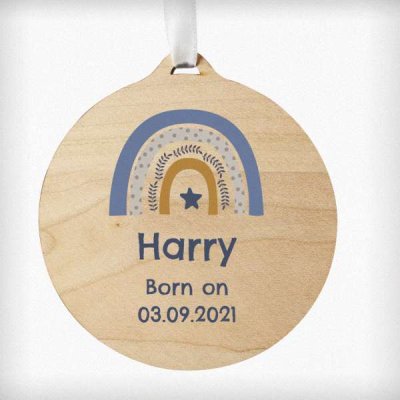 (image for) Personalised Blue Rainbow Round Wooden Bauble Decoration