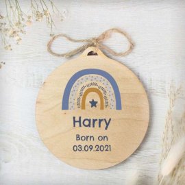(image for) Personalised Blue Rainbow Round Wooden Bauble Decoration