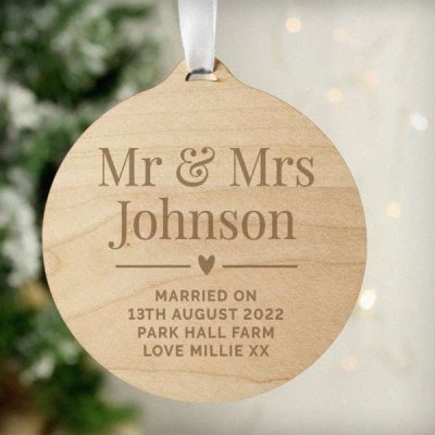 (image for) Personalised Couples Round Wooden Bauble Decoration