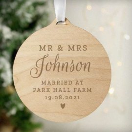 (image for) Personalised Mr & Mrs Round Wooden Bauble Decoration