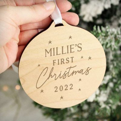 (image for) Personalised Baby's First Christmas Round Wooden Bauble Decoration