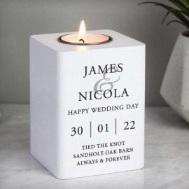 (image for) Personalised Couples White Wooden Tea light Holder
