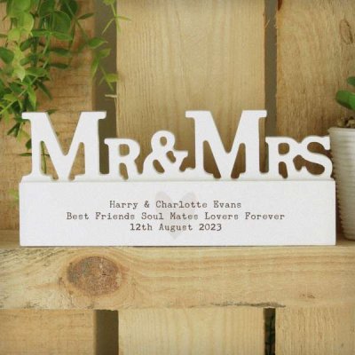 (image for) Personalised Free Text Heart Wooden Mr & Mrs Ornament