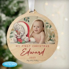 (image for) Personalised First Christmas Tiny Tatty Teddy Photo Upload Round Wooden Decoration
