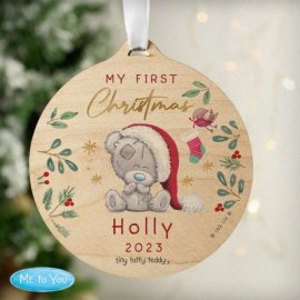 (image for) Personalised First Christmas Tiny Tatty Teddy Round Wooden Decoration