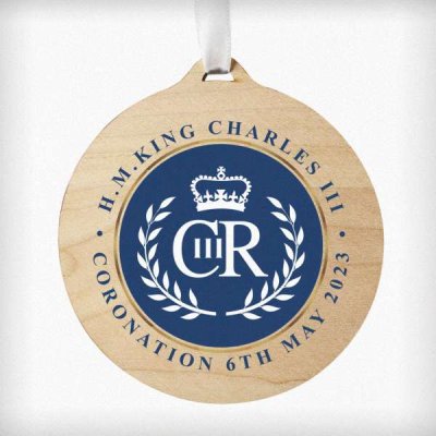 (image for) King Charles III Blue Crest Coronation Commemorative Round Wooden Decoration
