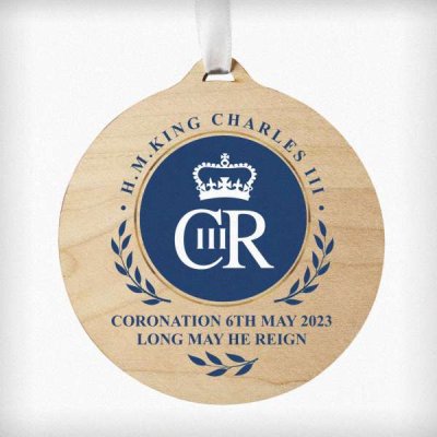 (image for) King Charles III Blue Crest Coronation Commemorative Round Wooden Decoration