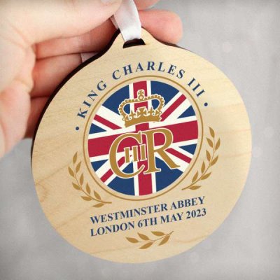 (image for) King Charles III Union Jack Coronation Commemorative Round Wooden Decoration