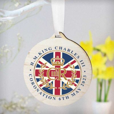 (image for) King Charles III Union Jack Coronation Commemorative Round Wooden Decoration