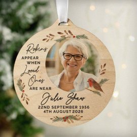 (image for) Personalised Photo Upload Robin Memorial Wooden Decoration
