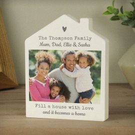 (image for) Personalised Grey Heart Photo Upload Wooden House Ornament