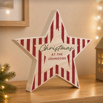 Personalised Candy Cane Stripes Wooden Star Ornament (image for) Personalised Candy Cane Stripes Wooden Star Ornament