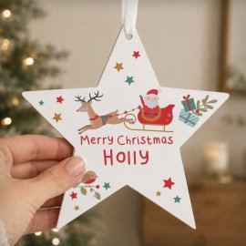 (image for) Personalised Santa & Reindeer Wooden Star Decoration