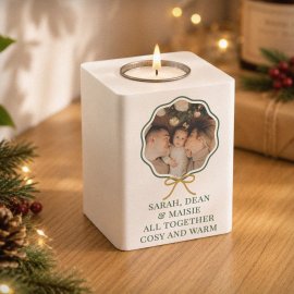 (image for) Personalised Scallop Bow Photo Upload White Wooden Tealight Holder