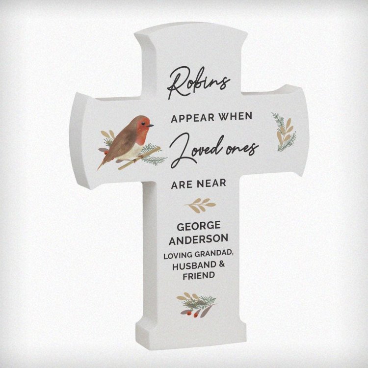 Modal Additional Images for Personalised Robin Memorial Cross Wooden Ornament