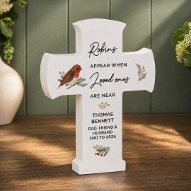 (image for) Personalised Robin Memorial Cross Wooden Ornament