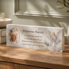 (image for) Personalised Memorial Angel Photo Upload Wooden Mantle Block