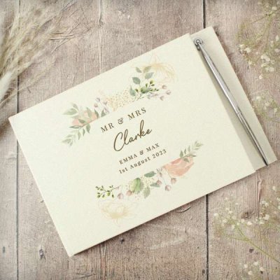 (image for) Personalised Floral Watercolour Hardback Guest Book & Pen