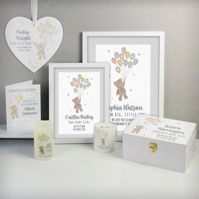 (image for) Personalised Teddy & Balloons White Wooden Keepsake Box