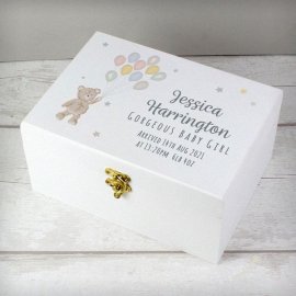 (image for) Personalised Teddy & Balloons White Wooden Keepsake Box