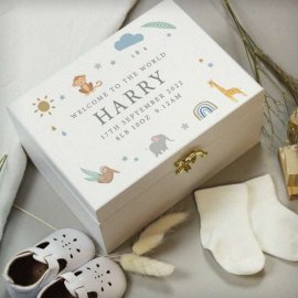 (image for) Personalised Safari Animals White Wooden Keepsake Box