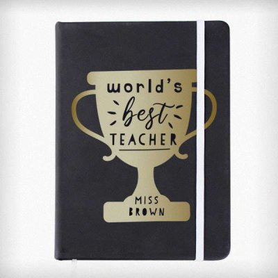 (image for) Personalised Worlds Best Teacher Trophy Black Hardback Notebook