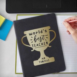 (image for) Personalised Worlds Best Teacher Trophy Black Hardback Notebook