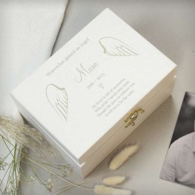 (image for) Personalised Angel Wings Memorial White Wooden Box