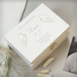 (image for) Personalised Angel Wings Memorial White Wooden Box