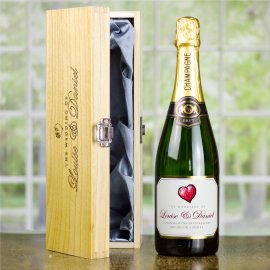 (image for) Gold Heart Personalised Wedding Champagne & Engraved Wooden Box