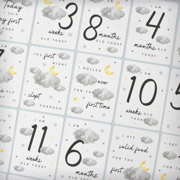 (image for) Personalised Cloud Baby Milestone Cards In Drawstring Bag - Click Image to Close