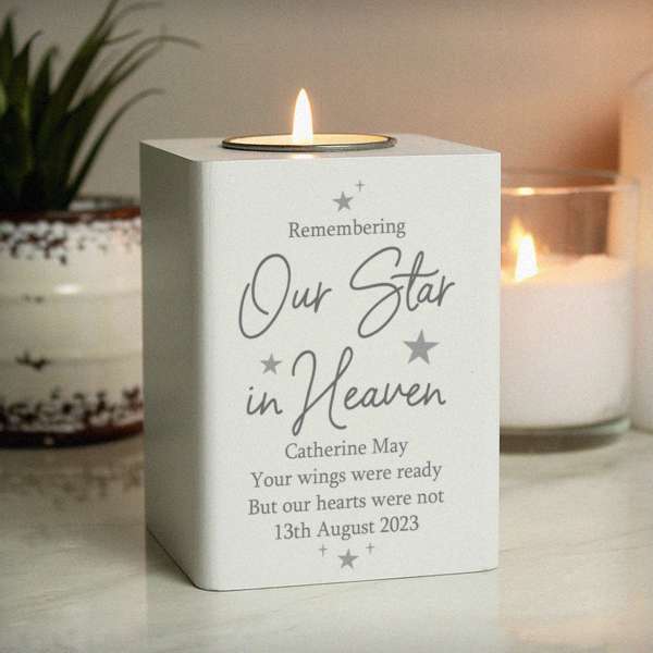 (image for) Personalised Our Star In Heaven White Wooden Tea light Holder