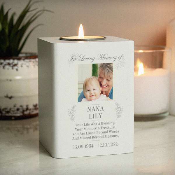 (image for) Personalised Memorial Photo Upload White Wooden Tea light Holder - Click Image to Close