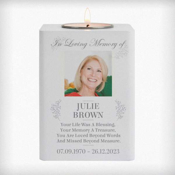 Modal Additional Images for Personalised Memorial Photo Upload White Wooden Tea light Holder