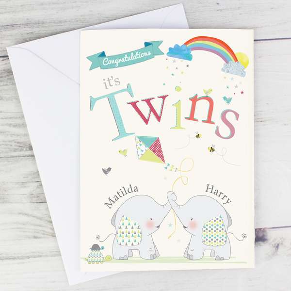 (image for) Personalised Hessian Elephant Twins Card - Click Image to Close