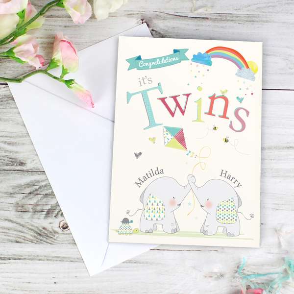 (image for) Personalised Hessian Elephant Twins Card - Click Image to Close