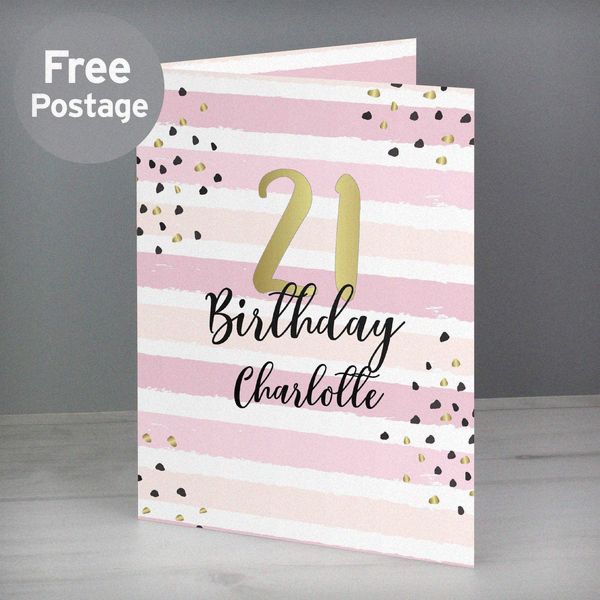 (image for) Personalised Gold and Pink Stripe Birthday Card - Click Image to Close