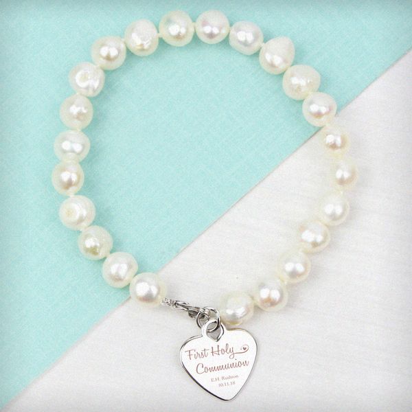 (image for) Personalised First Holy Communion Swirls & Hearts White Freshwater - Click Image to Close