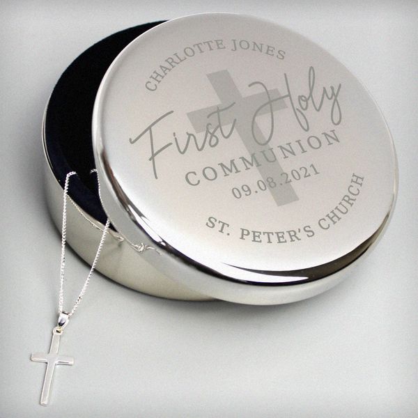 (image for) Personalised First Holy Communion Round Trinket Box & Cross Necklace Set - Click Image to Close