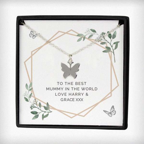 (image for) Personalised Botanical Sentiment Butterfly Necklace and Box - Click Image to Close