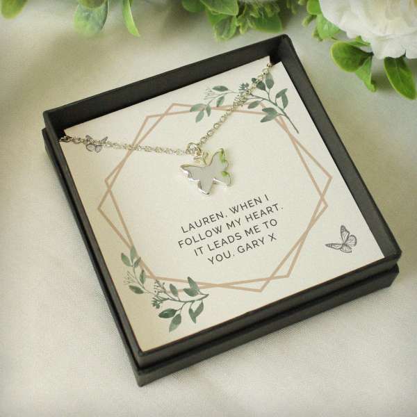 Modal Additional Images for Personalised Botanical Sentiment Butterfly  Necklace and Box