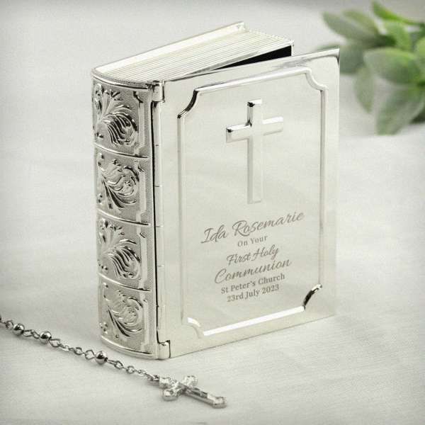 (image for) Personalised First Holy Communion Bible Trinket Box with Rosary Beads - Click Image to Close
