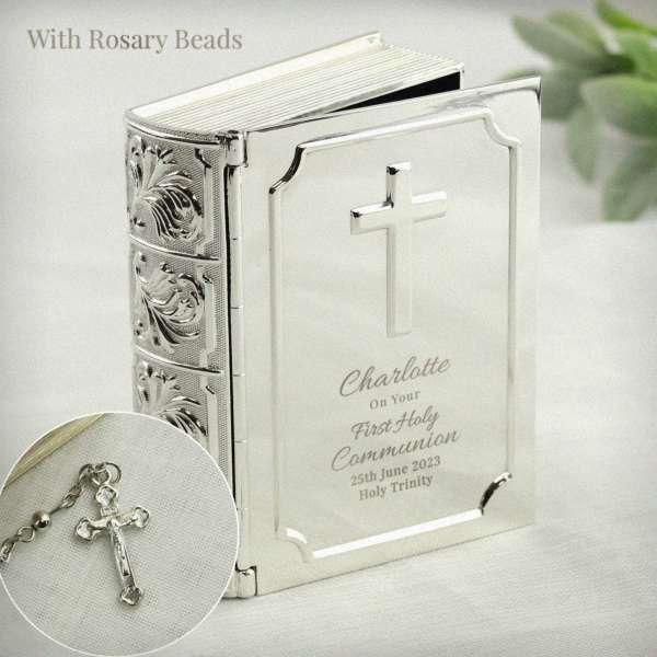 (image for) Personalised First Holy Communion Bible Trinket Box with Rosary Beads - Click Image to Close